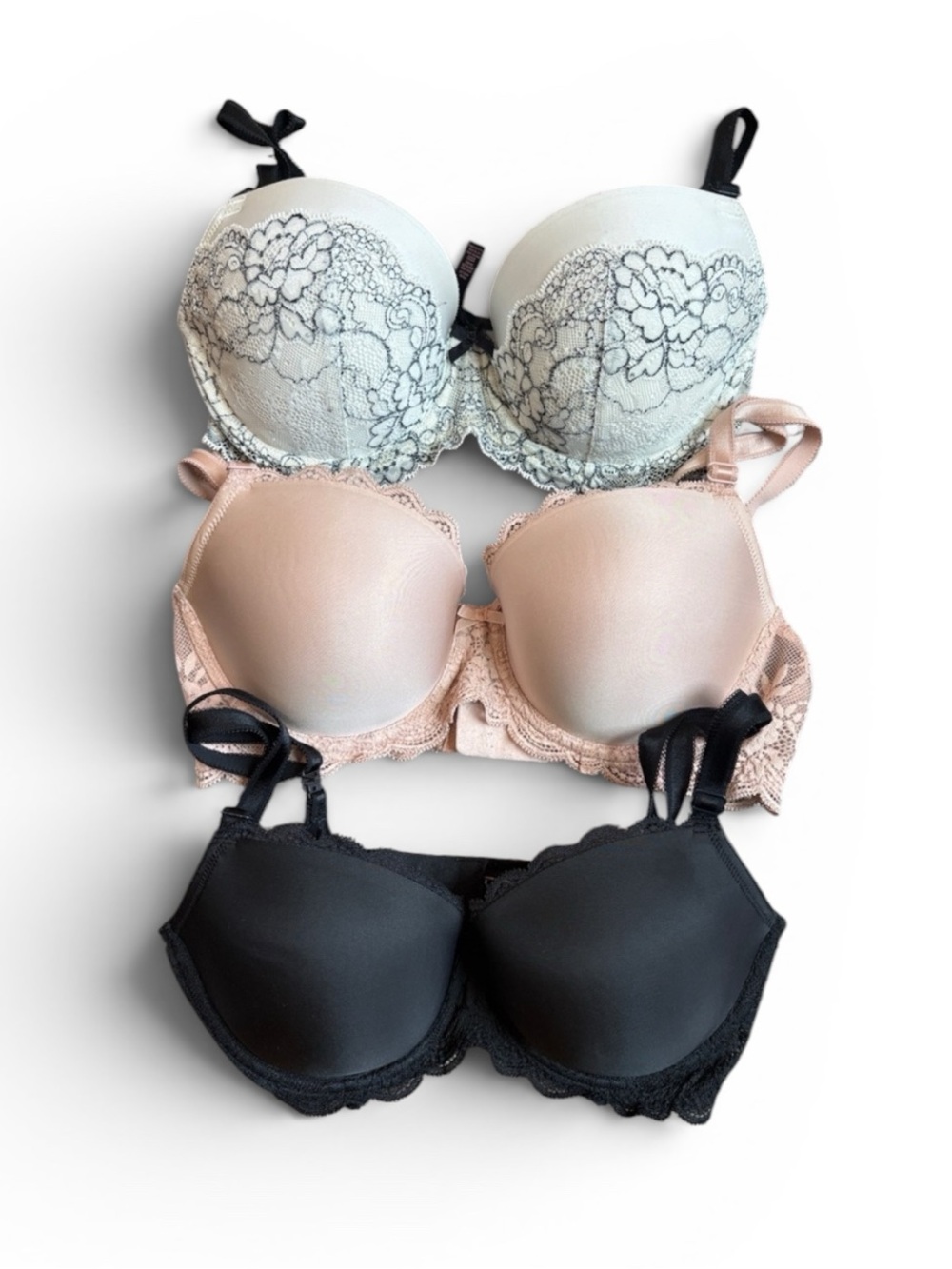 Victoria's Secret Dream Angels Lined Demi Bras 32DD Lace Set of 3 Black Blush